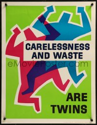 8y0152 CARELESSNESS & WASTE ARE TWINS 17x22 motivational poster 1950s two workers jumping!