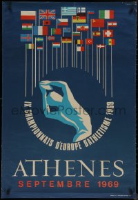 8y0354 EUROPEAN ATHLETICS CHAMPIONSHIPS 27x39 Greek special poster 1969 athlete under flags!
