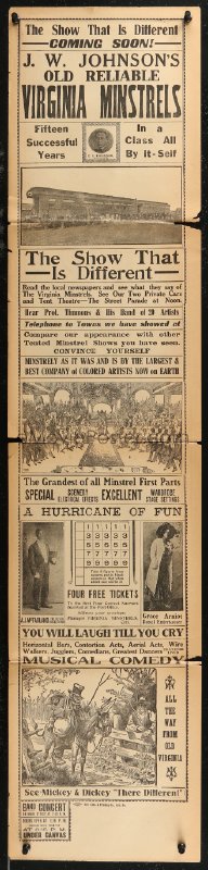 8y0368 J.W. JOHNSON'S OLD RELIABLE VIRGINIA MINSTRELS 2-sided 10x42 special poster 1924 minstrels!