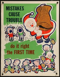 8y0159 MISTAKES CAUSE TROUBLE 17x22 motivational poster 1950s Kaub art of Santa, happy/sad kids!