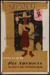 8y0128 PAN AMERICAN MEXICO 28x42 travel poster 1950s Kauffer art of a man holding chicken!