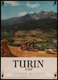 8y0136 TURIN ITALY SUMMER HOLIDAYS 20x27 Italian travel poster 1954 harvest w/Alps in background!