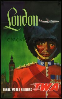 8y0124 TWA LONDON 25x40 travel poster 1950s cool art of British grenadier guard & plane!
