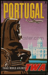 8y0125 TWA PORTUGAL 25x40 travel poster 1950s art of Lockheed Constellation & monastery!