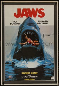 8y0428 JAWS Turkish 1981 best different art of classic man-eating shark with sexy girl in mouth!