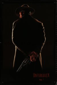8y1318 UNFORGIVEN teaser 1sh 1992 image of gunslinger Clint Eastwood w/back turned, dated design!