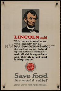 8y0107 SAVE FOOD FOR WORLD RELIEF 20x30 WWI war poster 1910s President Abraham Lincoln quote!