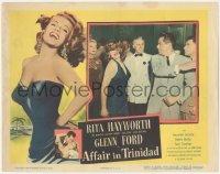 8z0883 AFFAIR IN TRINIDAD LC 1952 close up of Glenn Ford slapping sexy Rita Hayworth!