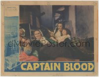 8z0631 CAPTAIN BLOOD LC 1935 smiling Errol Flynn & Basil Rathbone both pointing guns from bed!
