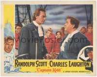 8z0958 CAPTAIN KIDD LC #5 R1952 close up of pirate Charles Laughton with Randolph Scott on ship!