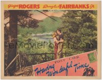 8z1077 HAVING WONDERFUL TIME LC 1938 Douglas Fairbanks Jr. & Ginger Rogers embracing in forest!