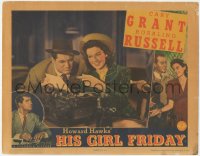 8z1094 HIS GIRL FRIDAY LC 1940 c/u of Cary Grant scrutinizing Rosalind Russell's newspaper copy!