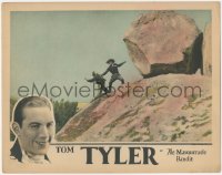 8z1211 MASQUERADE BANDIT LC 1926 cool far shot of Tom Tyler fighting bad guy by huge boulder!