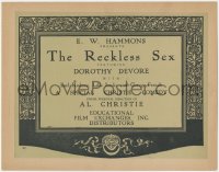 8z0829 RECKLESS SEX TC 1921 Earle Rodney thought Dorothy Devore was a boy, ultra rare!
