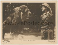 8z1330 ROUGHEST AFRICA LC 1923 great super close up of brave Stan Laurel grinning down huge lion!
