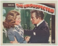 8z1448 UNSUSPECTED LC #5 1947 c/u of Claude Rains grabbing scared Joan Caulfield, Curtiz film noir!
