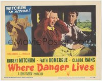 8z1460 WHERE DANGER LIVES LC #7 1950 driver Robert Mitchum looks at Faith Domergue screaming!