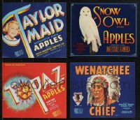 9a0288 LOT OF 4 1930S-40S WASHINGTON STATE APPLE CRATE LABELS 1930s-1940s Taylor Maid, Snow Owl!