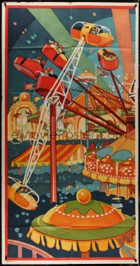 9b0042 UNKNOWN CARNIVAL POSTER INCOMPLETE 41x79 carnival poster 1941 colorful art of rides & tents!