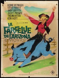 9b1695 SECOND TIME AROUND French 1p 1961 different Grinsson art of Debbie Reynolds riding pig!