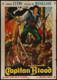 9b0767 CAPTAIN BLOOD Italian 1p R1962 different Stefano art of pirate Errol Flynn fighting on ship!