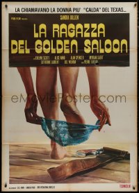 9b0904 GIRLS OF THE GOLDEN SALOON Italian 1p 1975 sexy art of woman removing her panties by gun!