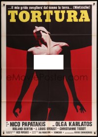 9b0905 GLORIA MUNDI Italian 1p 1977 art of tortured naked Olga Karlatos, directed by Nikos Papatakis