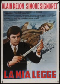 9b1195 SUSPICION OF MURDER Italian 1p 1973 Alain Delon with knife, Simone Signoret, Ferracci art!