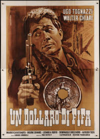 9b0488 DOLLAR OF FEAR Italian 2p R1972 Piovano art of Ugo Tognazzi with gun by coin with bullet hole!
