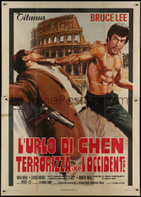 9b0608 RETURN OF THE DRAGON Italian 2p 1973 Ciriello art of Bruce Lee attacking guy by Coliseum!