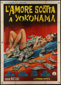 9b0618 SANPO SURU REIKYUSHA Italian 2p 1965 Tarantelli art of naked Japanese girl covered by cash!