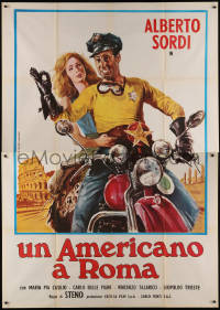 9b0658 UN AMERICANO A ROMA Italian 2p 1954 Ferrari art of Alberto Sordi & woman on motorcycle!