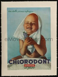 9b0171 CHLORODONT linen 9x13 Italian advertising poster 1960s Gino Boccasile art of kid w/toothpaste!