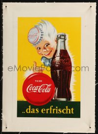 9b0172 COCA-COLA linen 9x14 German advertising poster 1960s art of child w/bottle cap hat by Coke!