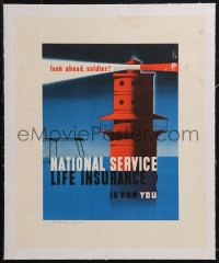 9b0179 NATIONAL SERVICE LIFE INSURANCE linen 12x15 WWII war poster 1943 cool lighthouse art, rare!