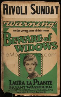 9b0253 BEWARE OF WIDOWS WC 1927 Laura La Plante, warning to the young men of this town, ultra rare!