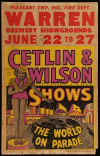 9b0264 CETLIN & WILSON SHOWS circus WC 1950s great art of sexy showgirl over globe, ultra rare!