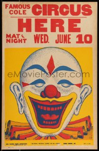 9b0290 FAMOUS COLE CIRCUS circus WC 1941 great colorful artwork of laughing clown, ultra rare!
