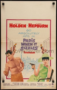 9b0351 PARIS WHEN IT SIZZLES WC 1964 Audrey Hepburn with gun & barechested William Holden in France!