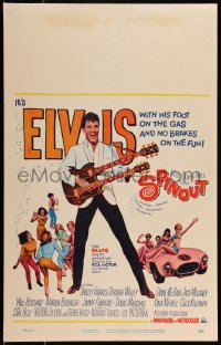 9b0374 SPINOUT WC 1966 Elvis playing a double-necked guitar, foot on the gas & no brakes on fun!