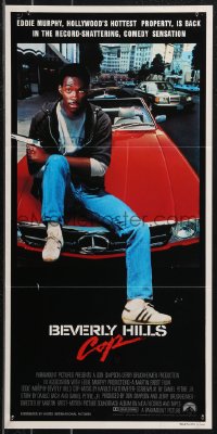 9d0247 BEVERLY HILLS COP Aust daybill 1985 great image of cop Eddie Murphy sitting on Mercedes!