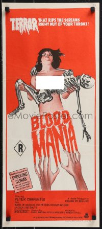 9d0253 BLOOD MANIA Aust daybill 1970 wild horror artwork, it rips the screams out of your throat!