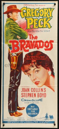 9d0254 BRAVADOS Aust daybill 1958 full-length art of cowboy Gregory Peck & sexy Joan Collins!