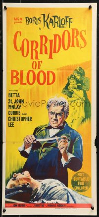 9d0273 CORRIDORS OF BLOOD Aust daybill 1963 Boris Karloff, Christopher Lee, different art!