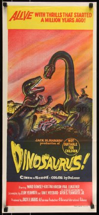 9d0287 DINOSAURUS Aust daybill 1960 great art of battling prehistoric T-rex & brontosaurus monsters!