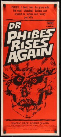 9d0289 DR. PHIBES RISES AGAIN Aust daybill 1972 Vincent Price, Quarry, Cushing, skull horror art!