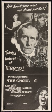 9d0305 GHOUL Aust daybill 1975 close-up of Peter Cushing, cannibals, wild horror images!