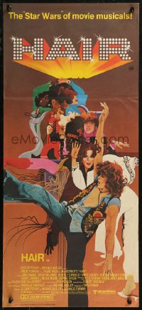 9d0309 HAIR Aust daybill 1979 Milos Forman, Treat Williams, musical, great Bob Peak artwork!