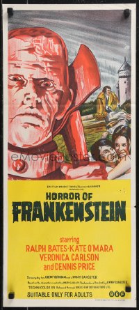 9d0314 HORROR OF FRANKENSTEIN Aust daybill 1972 Hammer horror, close up art of monster with axe!