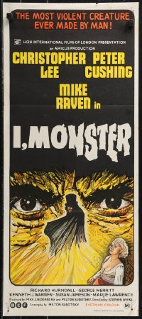 9d0321 I, MONSTER Aust daybill 1971 Christopher Lee & Peter Cushing in a Dr. Jekyll & Mr. Hyde story!